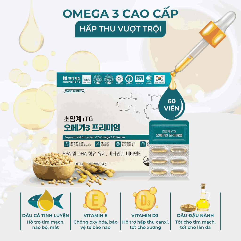 Viên Uống Omega 3 Hàn Quốc Tăng Cường Trí Nhớ, Làm Đẹp Da 60 Viên Supercritical Extracted rTG Omega 