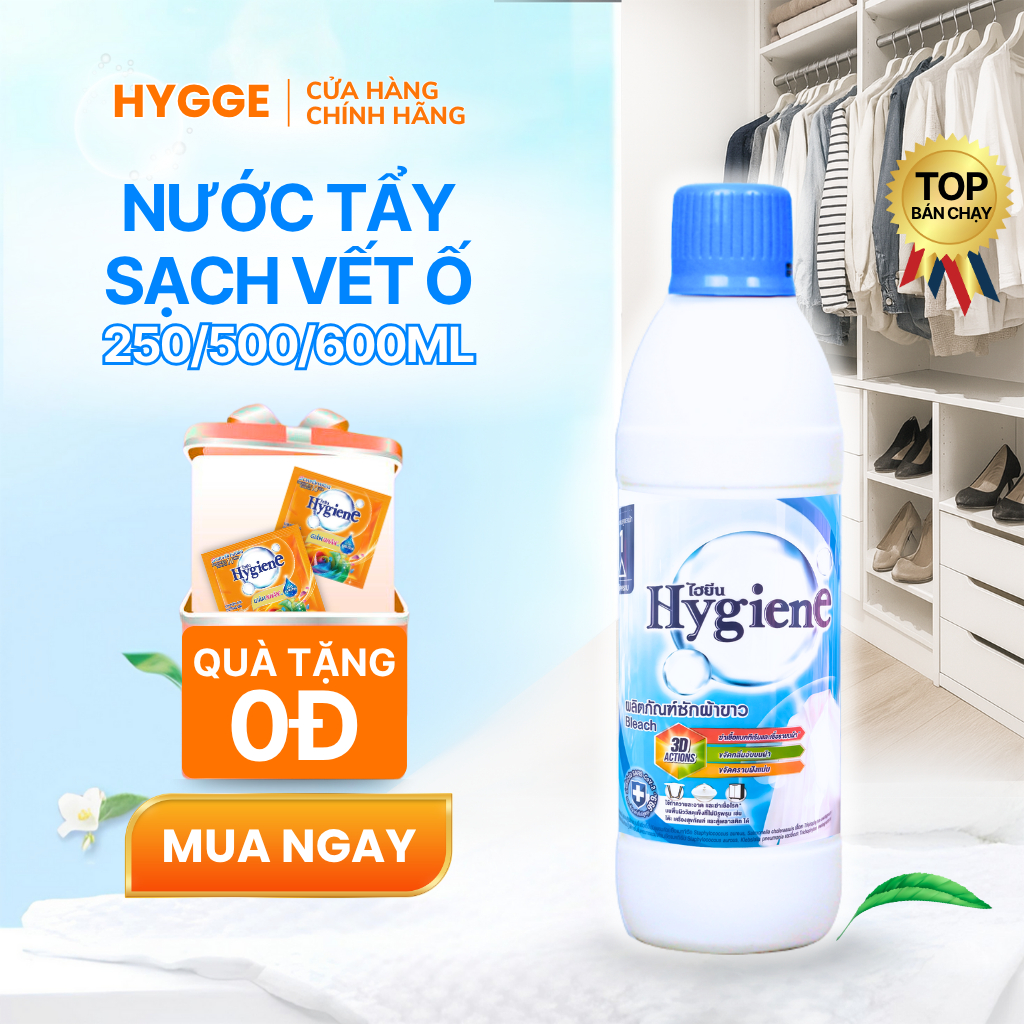 Nước Tẩy Trắng Quần Áo Hygiene Diệt Khuẩn, Đánh Bay Ố Vàng, Mùi Hôi, Dịu Nhẹ Da, Không Clo