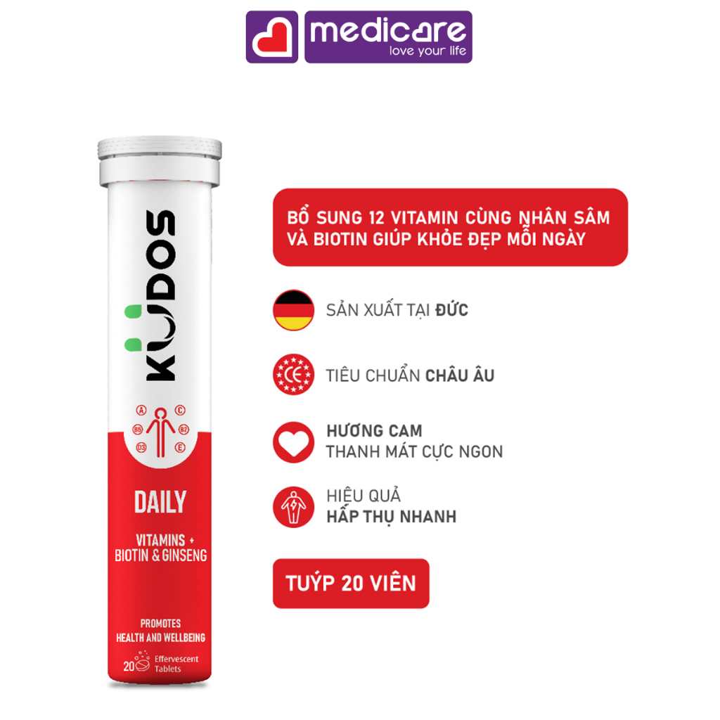 Viên sủi KUDOS Daily Vitamin Biotin & Ginseng hương cam 20 viên
