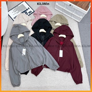  Áo Khoác Gió Nhăn Nữ 2 Lớp Lót Lụa ,Túi Kéo Khoá  Có Túi Trong Dây Rút Mũ Trùm Đầu-Áo Gió Dáng Lửng 