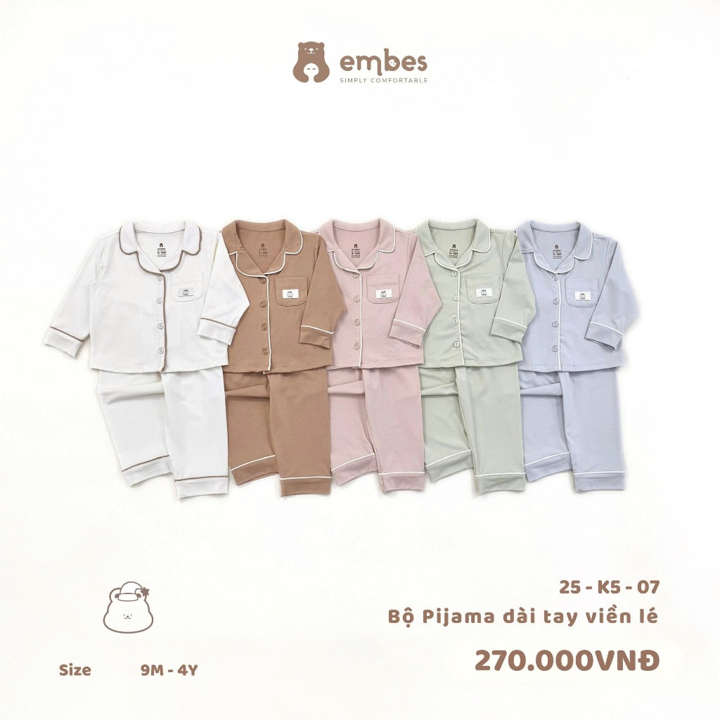 Bộ Đồ Ngủ Dài Tay Cho Bé Embes, Bộ Pijama In Hoạ Tiết Chất Cotton Cho Bé Trai Bé Gái Size Từ 8-18Kg