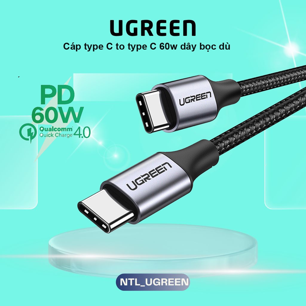 Cáp Sạc Nhanh Type-C 60W Ugreen USB C to USB C dây dù đầu bọc nhôm