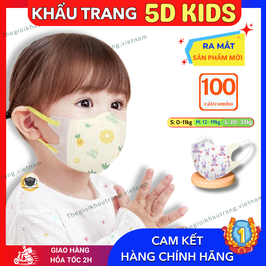 (Combo 100 cái) Khẩu trang 5D cho bé, thoáng mát, đa dạng mẫu mã cho trẻ em từ 0-2tuổi, 2-5tuổi, 4-8 tuổi