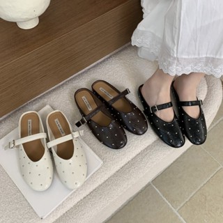 Giày Sục Nữ Đính Đá Thời Trang Hàn Quốc HERYOOS, Quai Cài Da Đế Bệt Êm Chân 3 Màu Xinh Xắn Thanh Lịch