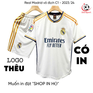 [in sau lưng theo yêu cầu] Quần Áo Bóng Đá logo thêu Real Madrid trắng Vô địch C.1 2023/24 vải mè hàn cao cấp