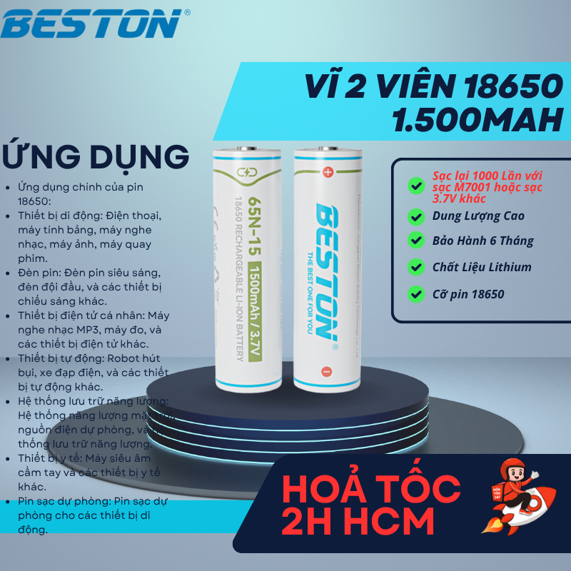Vĩ 2 Pin Sạc 18650 3.7V ,1500mAh Lithium Li-on ĐẦU NHỌN, sạc pin 3.7v M7001