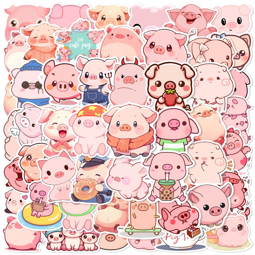 Set 10/20/50 cái sticker chống nước HEO HỒNG ỦN ỈN DỄ THƯƠNG Ú NU CUTE dán mũ bảo hiểm vali laptop đàn