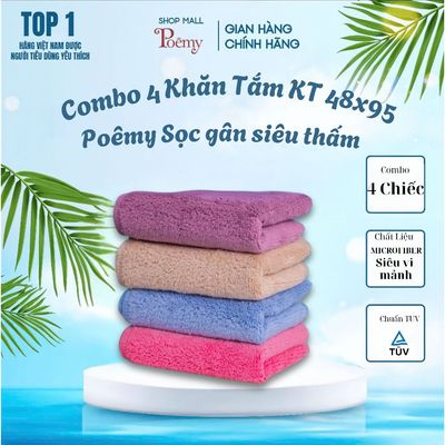 [Chính Hãng]  Combo 4 Khăn Tắm size 48x95cm Poêmy Sọc Gân - Siêu Mềm, Thấm Hút, Nhanh Khô