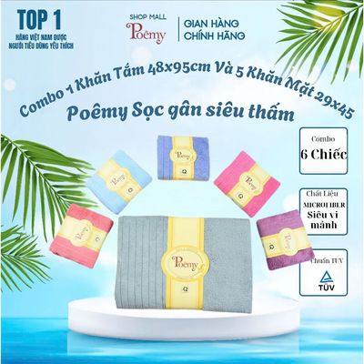 [Chính Hãng]  Combo 1 Khăn Thể thao 48x95cm và 5 Khăn mặt 29x45cm Poêmy - Mềm Mại (Mầu Như Ảnh)