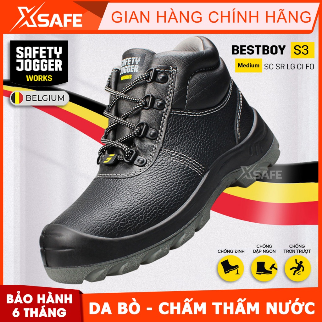 Giày bảo hộ lao động nam Jogger Bestboy S3 cổ cao da bò, chống thấm nước, chống đinh, trơn trượt