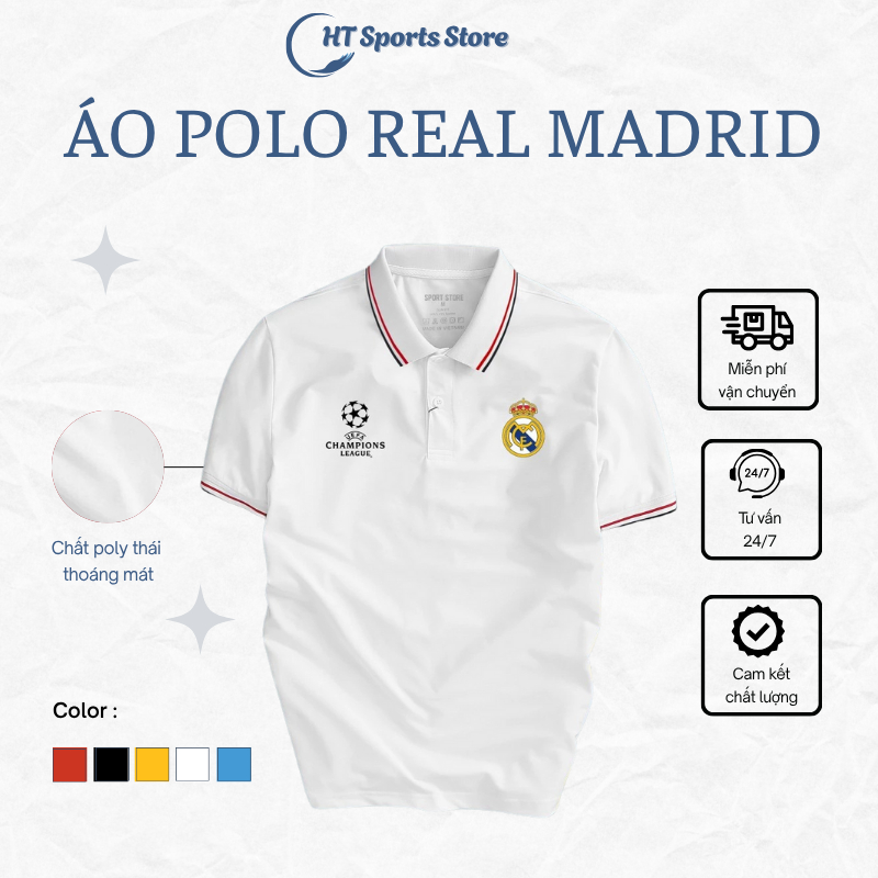 Áo Polo CLB Real Madrid, Áo thun thể thao nam nhiều màu, năng động trẻ trung  - HT Sports
