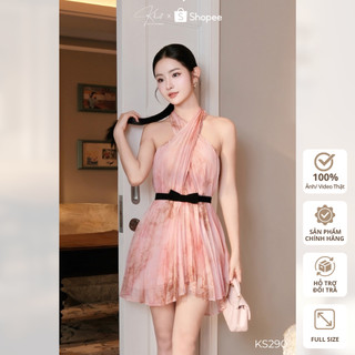  Set đầm cổ yếm Khiết Style tơ hồng loang xếp ly phối đai lưng nơ nhung  đen phong cách sang chảnh KS290 