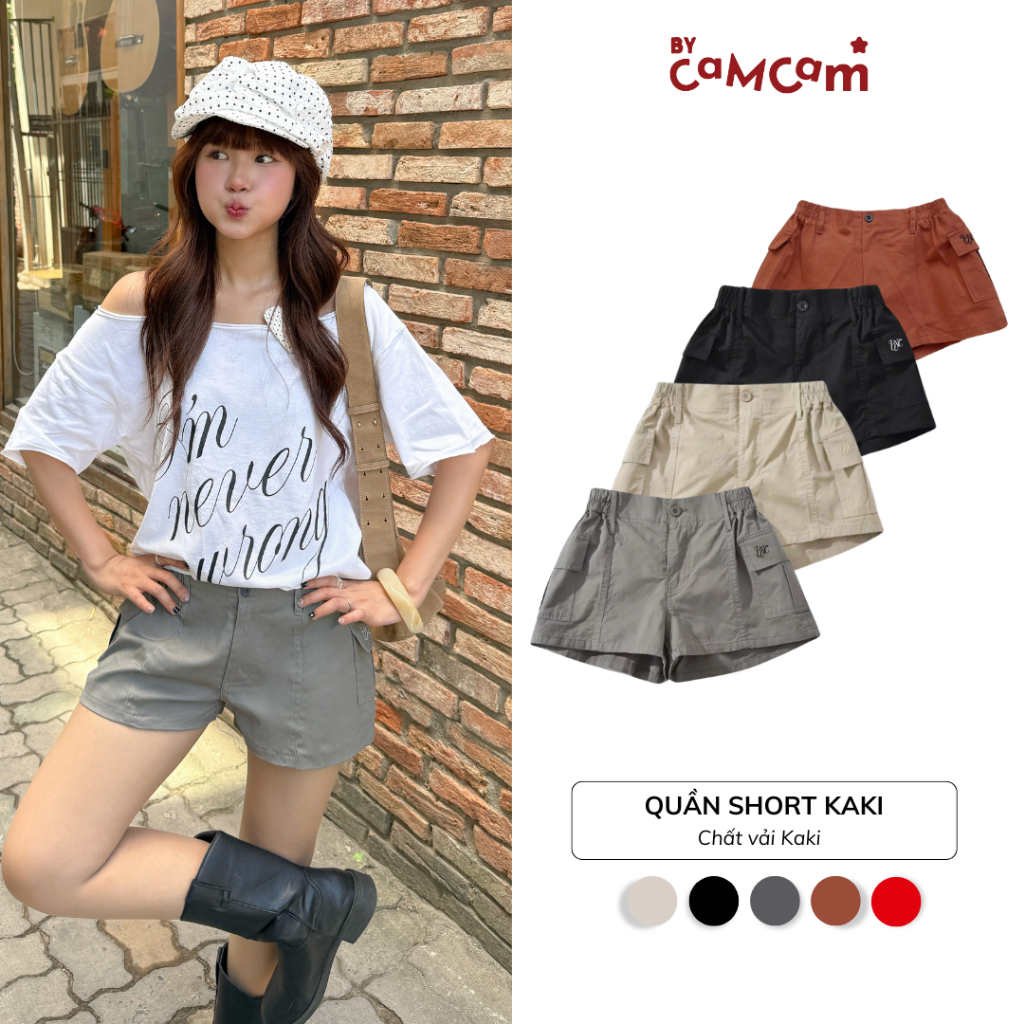 Quần Short 𝑩𝒚𝒄𝒂𝒎𝒄𝒂𝒎 Kaki Túi Hộp Dáng Ngắn Phong Cách Retro Q022