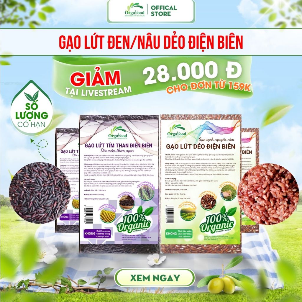 Gạo lứt tím than (đen) dẻo Điện Biên hữu cơ 1kg Orgafood, gạo lức nâu dẻo, eatclean, giảm cân cho người ăn kiêng