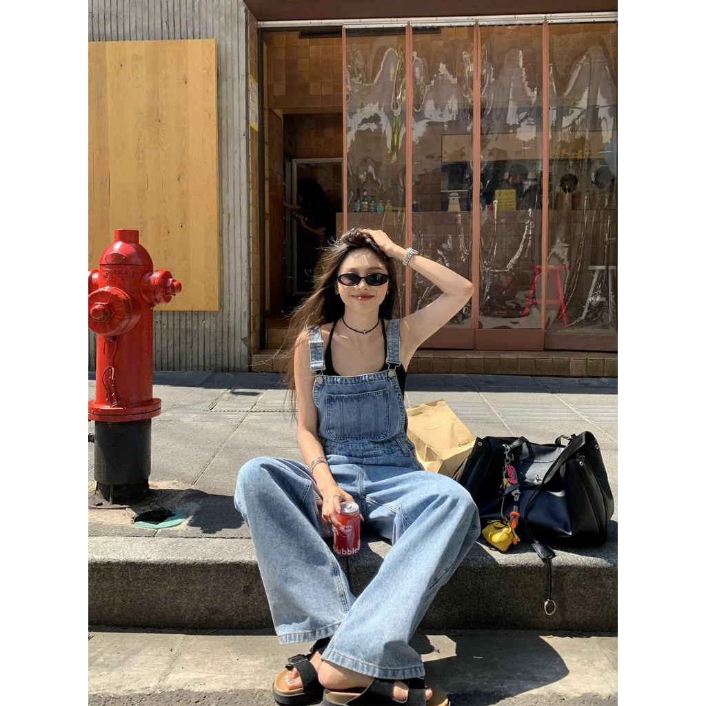  Yếm Quần Jean Denim Dài Khóa Sườn Ống Rộng Cho Nữ Phong Cách Ulzzang Retro Rộng Rãi Đa Năng Có Bigsize 