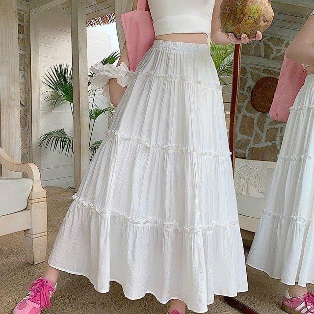 Váy Cổ Yếm, Đầm Trắng Chất Xốp In Hoa 2 Kiểu Dáng Xoè, Tay Bồng