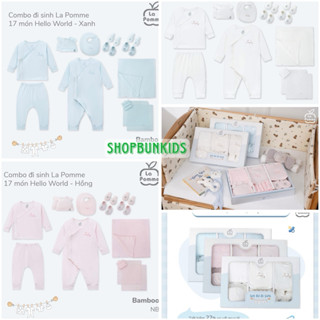 Hộp quà tặng Combo đi sinh La Pomme 17 món Hello World siêu đầy đủ vải mềm mát thoáng bé sơ sinh quà tặng HỘP đẹp
