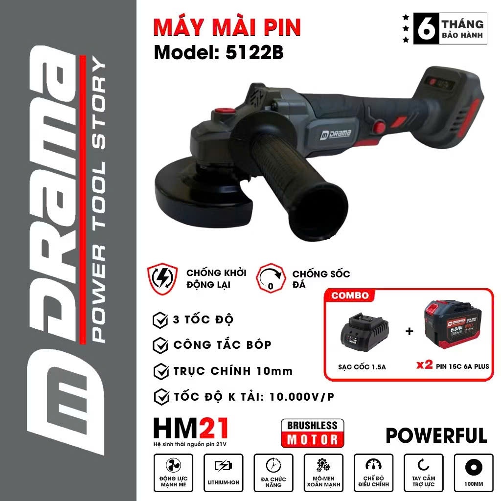 Máy mài pin DRAMA 5122B Flex Không Chổi Than Chống sốc đá Chống khới động lại Công tắc bụng