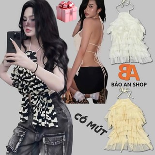 [ A-195 ] Áo kiểu nữ cổ yếm chất vải lưới kèm lót 2 lớp nhiều tầng hở lưng dây cột có mút Free Size dưới 54kg hot top