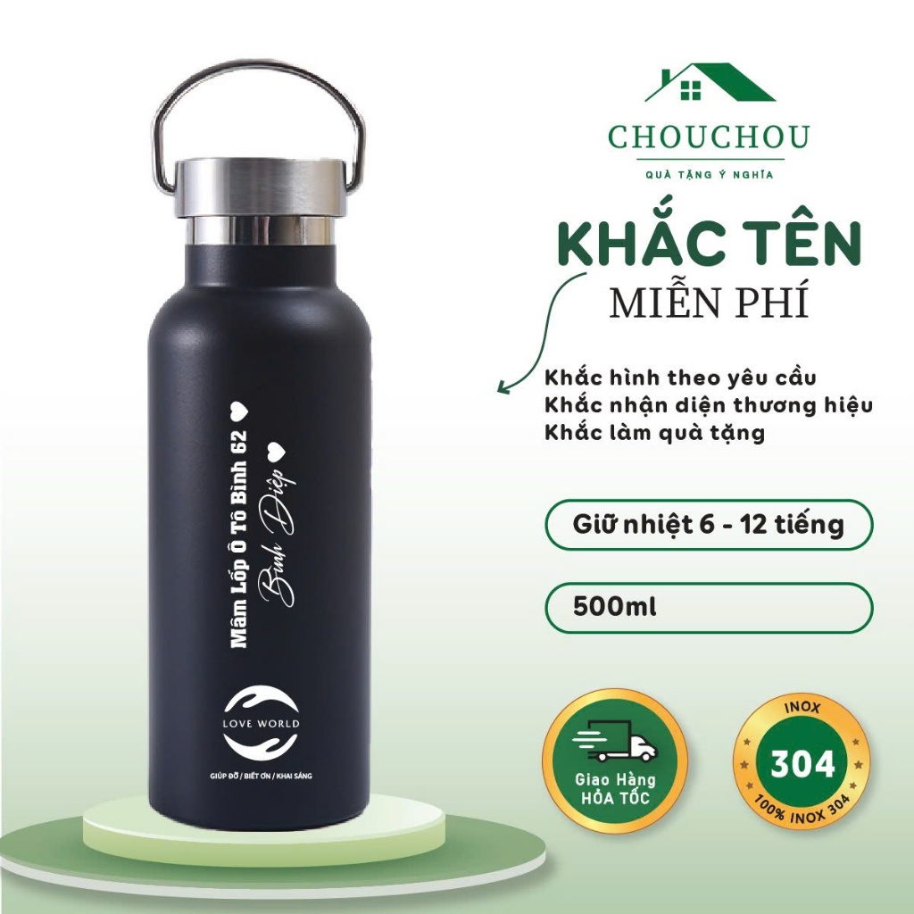 [Miễn Phí Khắc Tên] Bình giữ nhiệt ChouChou có QUAI XÁCH 500ml, Ly giữ nhiệt inox 304 cao cấp