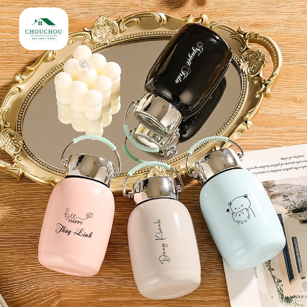 [Miễn Phí Khắc Tên] Bình giữ nhiệt mini CHOUCHOU 260ml Cute xỉu, có quai xách tiện lợi.