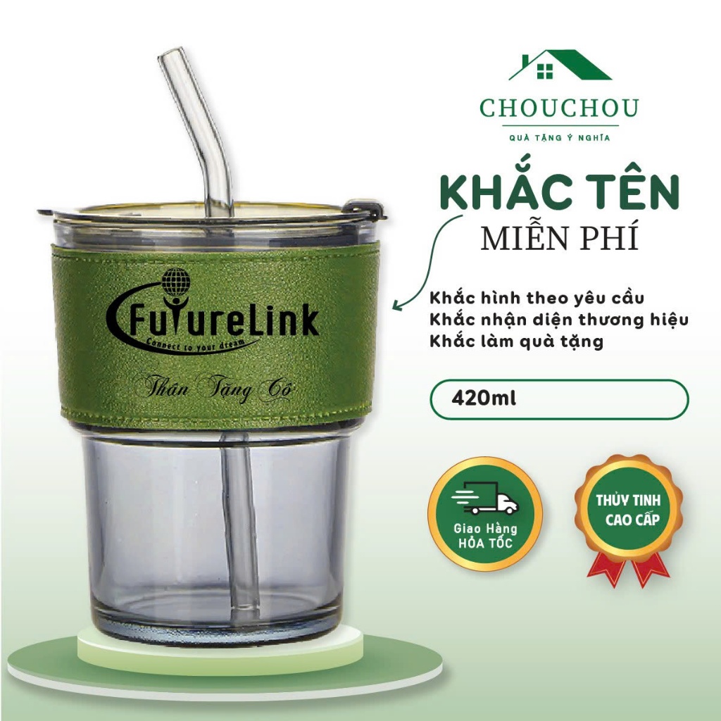 [Miễn Phí Khắc Tên] Cốc thủy tinh CHOUCHOU Gorgous có ống hút và bao da đi kèm 420 ml - Có 6 Màu
