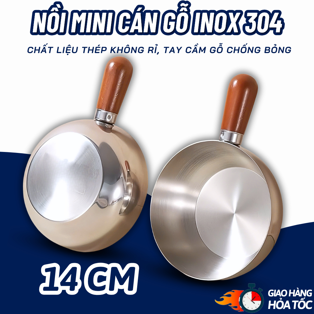 [Xả kho, cắt mã] Nồi mini inox cán gỗ chống bỏng, tay cầm chắc chắn, nấu mì, đun sữa, dùng bếp gas & bếp từ KhosiTD