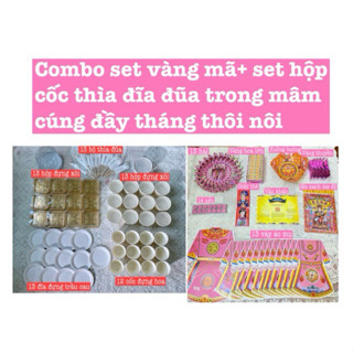 Combo vàng mã, hộp đựng xôi chè, cốc đựng hoa, thìa, đũa, đĩa dùng trong mâm cúng đầy tháng thôi nôi cho bé