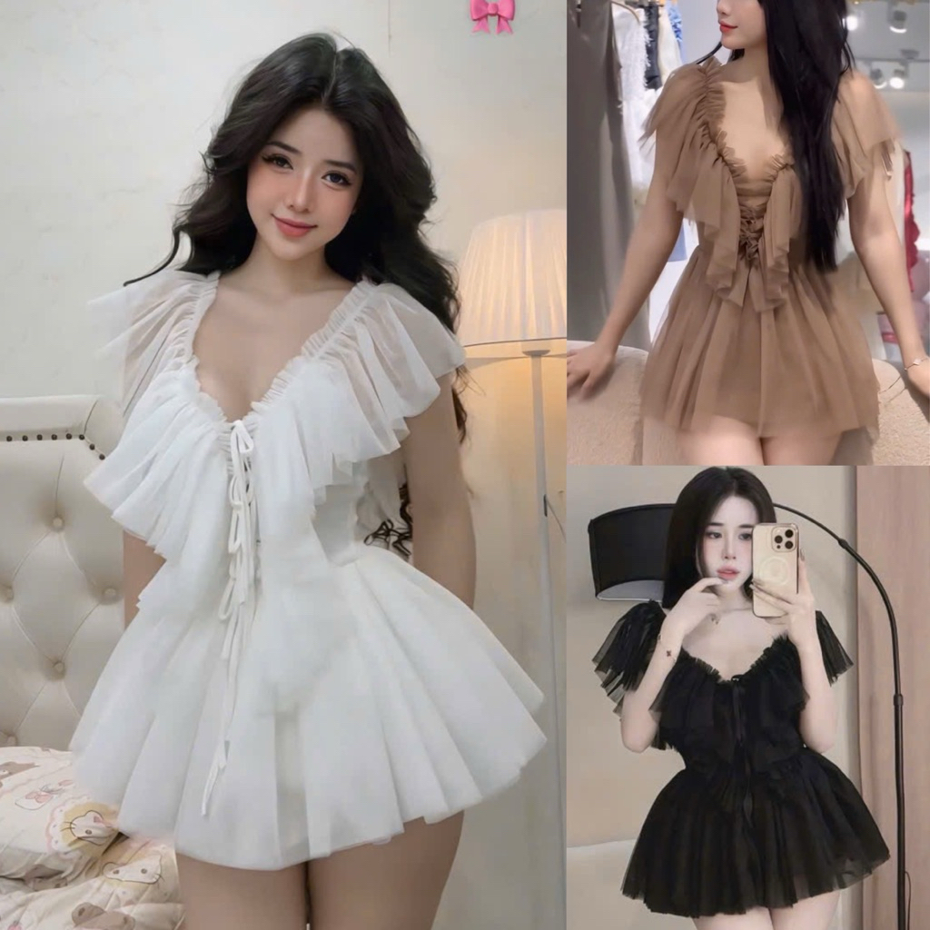 Váy Cánh Tiên Lưới Tầng Dây Đan Bồng Xoè Kèm Quần Bảo Hộ L1 Chất Liệu Lưới 2 Lớp Màu Nâu Trắng Đen S