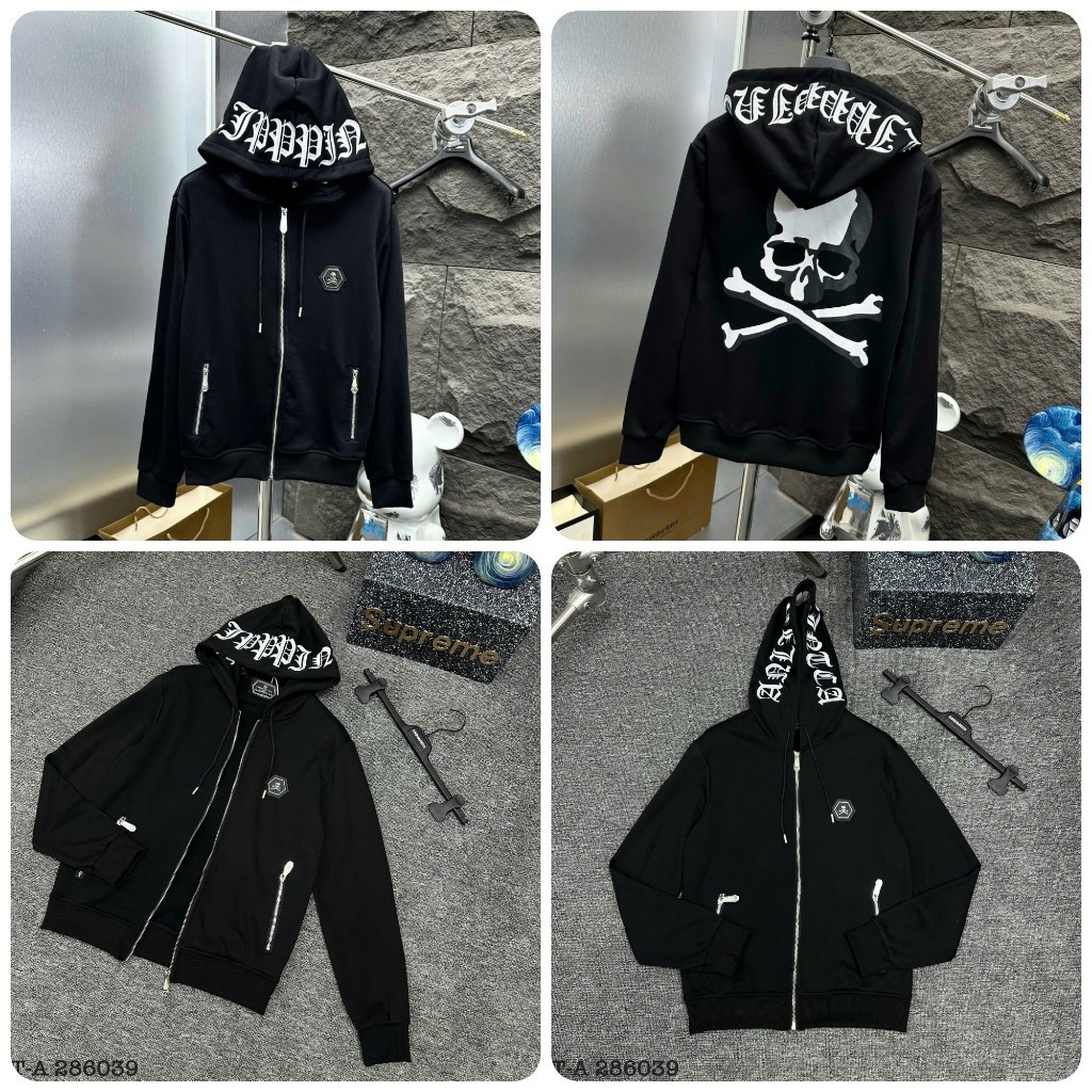 NEW ARRIVAL Áo Khoác Hoodie Zip Philip In Hình Đầu Lâu Siêu Cá Tính, Tag Logo QP Kim Loại Siêu Cấp Boy Phố