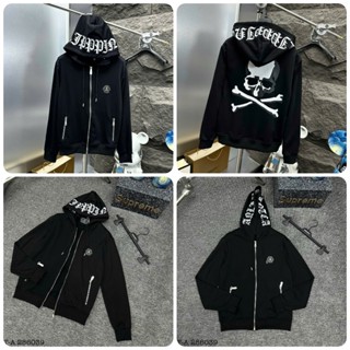 NEW ARRIVAL Áo Khoác Hoodie Zip Philip In Hình Đầu Lâu Siêu Cá Tính, Tag Logo QP Kim Loại Siêu Cấp Boy Phố