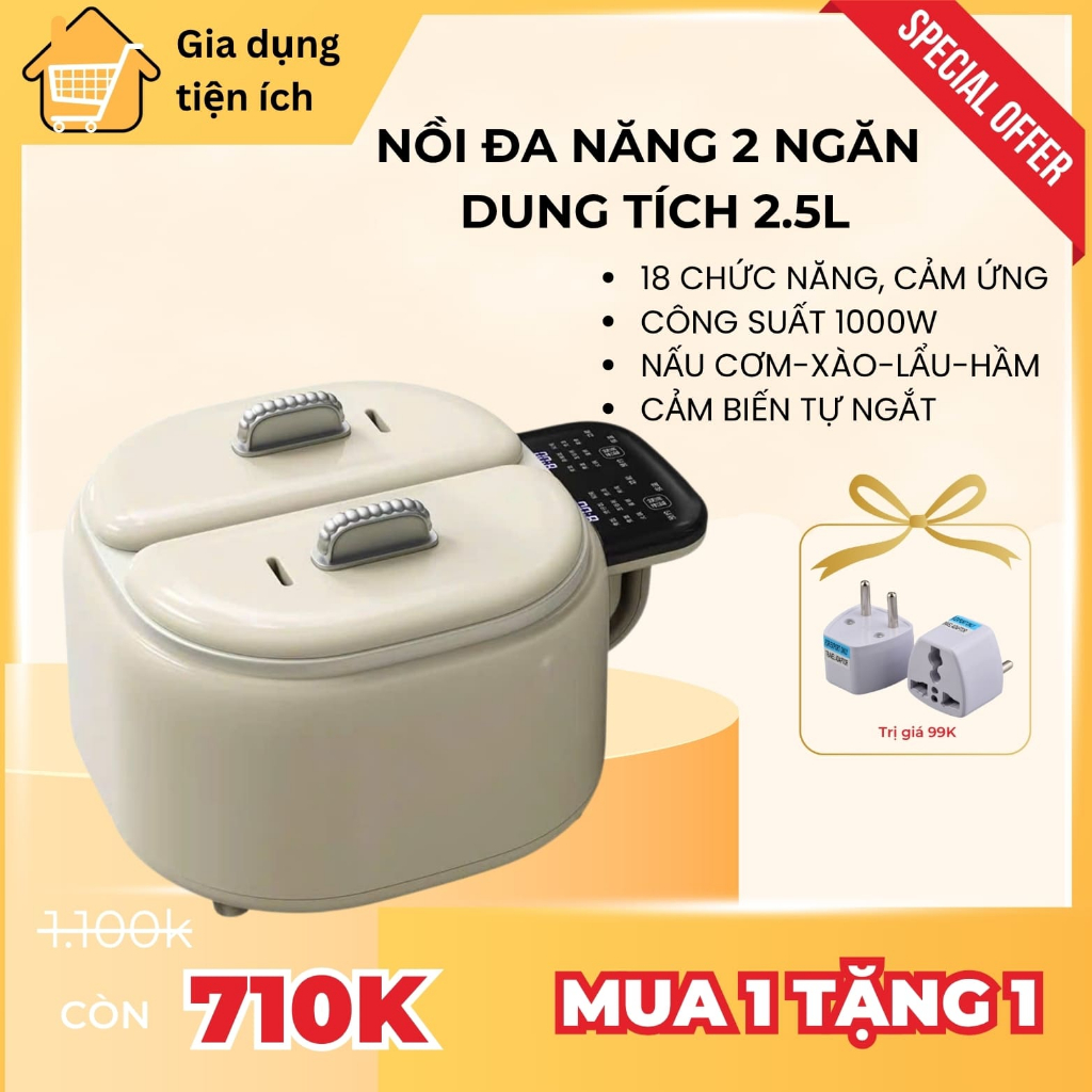 Nồi cơm điện mini 2 ngăn độc lập hiệu suất 1000W tiết kiệm điện nồi điện đa năng 18 chức năng nấu 3-