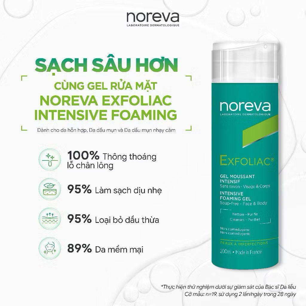 Sữa rửa mặt cho da dầu mụn NOREVA EXFOLIAC INTENSIVE FOAMING GEL 200ML