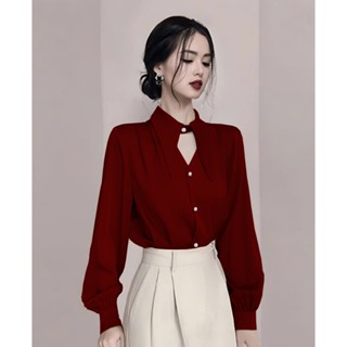 Áo Kiểu Lá Cổ Nhọn Phối Tay Dài Cổ V Áo Sơ Mi Công Sở Cách điệu Sang Trọng