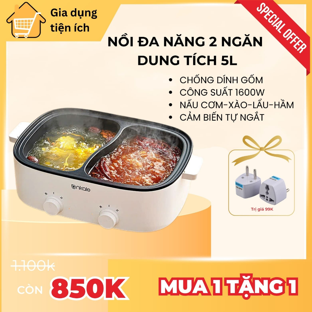 Nồi lẩu điện 2 ngăn chia ngăn đa năng 5L sử dụng 2-6 người ăn nồi lẩu điện đa năng công suất 1600W t