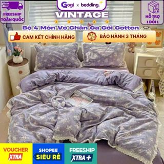 Bộ Chăn Ga Gối 4 Món Cotton Đũi Viền Ren VINTAGE Bộ 4 Món 1 Vỏ Chăn, 1 Ga Full Size Và 2 Vỏ Gối Đầu