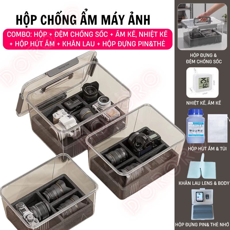  Combo hộp chống ẩm máy ảnh DSLR Mirrorlessi Bridge Compact chuyên dụng 6 trong 1 - Hộp đệm chống sốc ẩm kế hút ẩm 