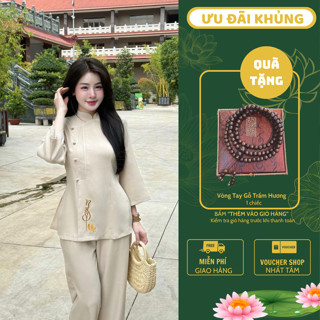 Ms56 Set pháp phục lễ chùa nữ đồ lam đi chùa vải đũi thái thêu ngộ cổ tàu 3 phân cách điệu cúc tết 