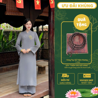  Ms59 Set pháp phục lễ chùa. đồ lam đi chùa thêu tâm vải trượt nhật cổ V vạt chéo thuê Tâm dáng dài sang trọng 