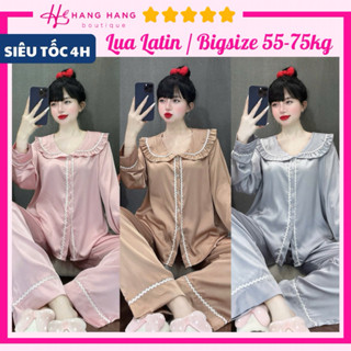 Đồ ngủ nữ bigsize 55-75kg, pijama dài tay cổ bèo viền zz lụa latin mịn mát 75DD33, đồ bộ nữ đồ mặc nhà tiểu thư trơn