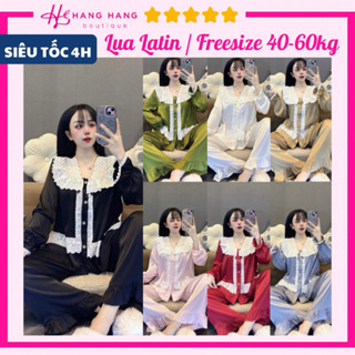 Đồ ngủ nữ 40-60kg, pijama dài tay dài cổ v ren bôi trắng lụa latin mịn mát 60DD50, đồ bộ nữ đồ mặc nhà tiểu thư trơn