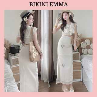  EMMA Set Linen Hoa Thêu Áo Croptop Mix Chân Váy Midi Đuôi Cá Xẻ Tà 