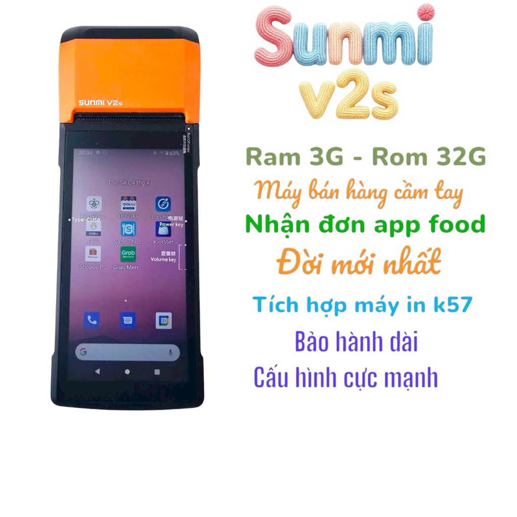  Máy Pos Sunmi V2s,máy pos bán hàng cầm tay máy nhận đơn app food 