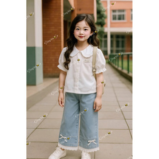 Ong Kis Sét sơ mi cổ sen may bèo tay bồng kèm quần Jaen mền phối ren sang chảnh cho bé gái 10-30kg