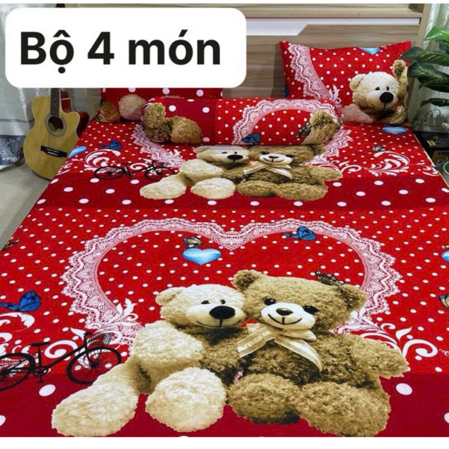 Bộ Ga Gối Thun Hàn quốc in họa tiết 4 món 1ga+2 vỏ gối nằm +1ôm mềm mịn mát