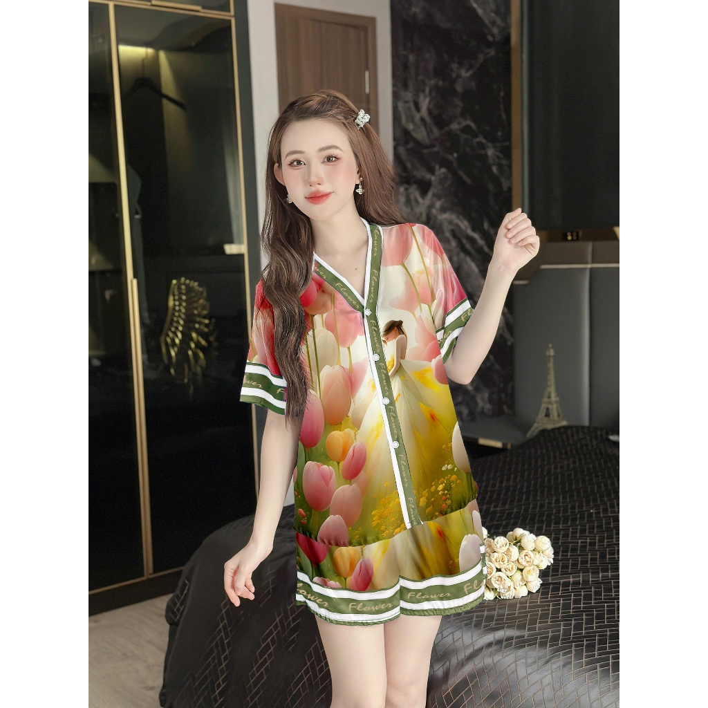 Đồ ngủ nữ pijama mặc nhà set bộ đồ ngủ pyjama Hisexy Lụa Latin cộc tay quần đùi P10 | BigBuy360 - bigbuy360.vn