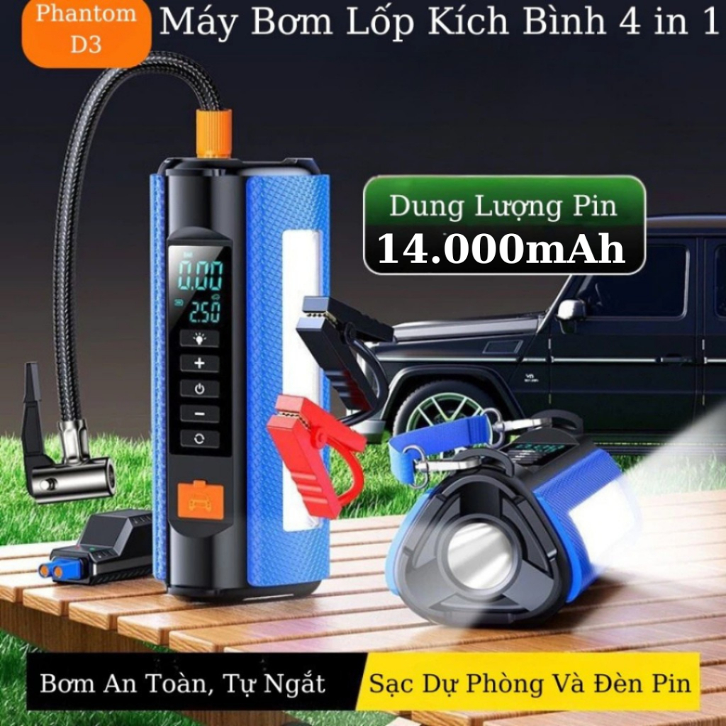 Bơm Ô Tô, Kích Bình Ô Tô 4 Trong 1, Pin 14000mAh, An Toàn, Tích Hợp Sạc Dự Phòng Và Đèn Pin