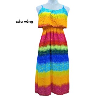 Đầm lanh 2 dây, thổ cẩm, trái cây