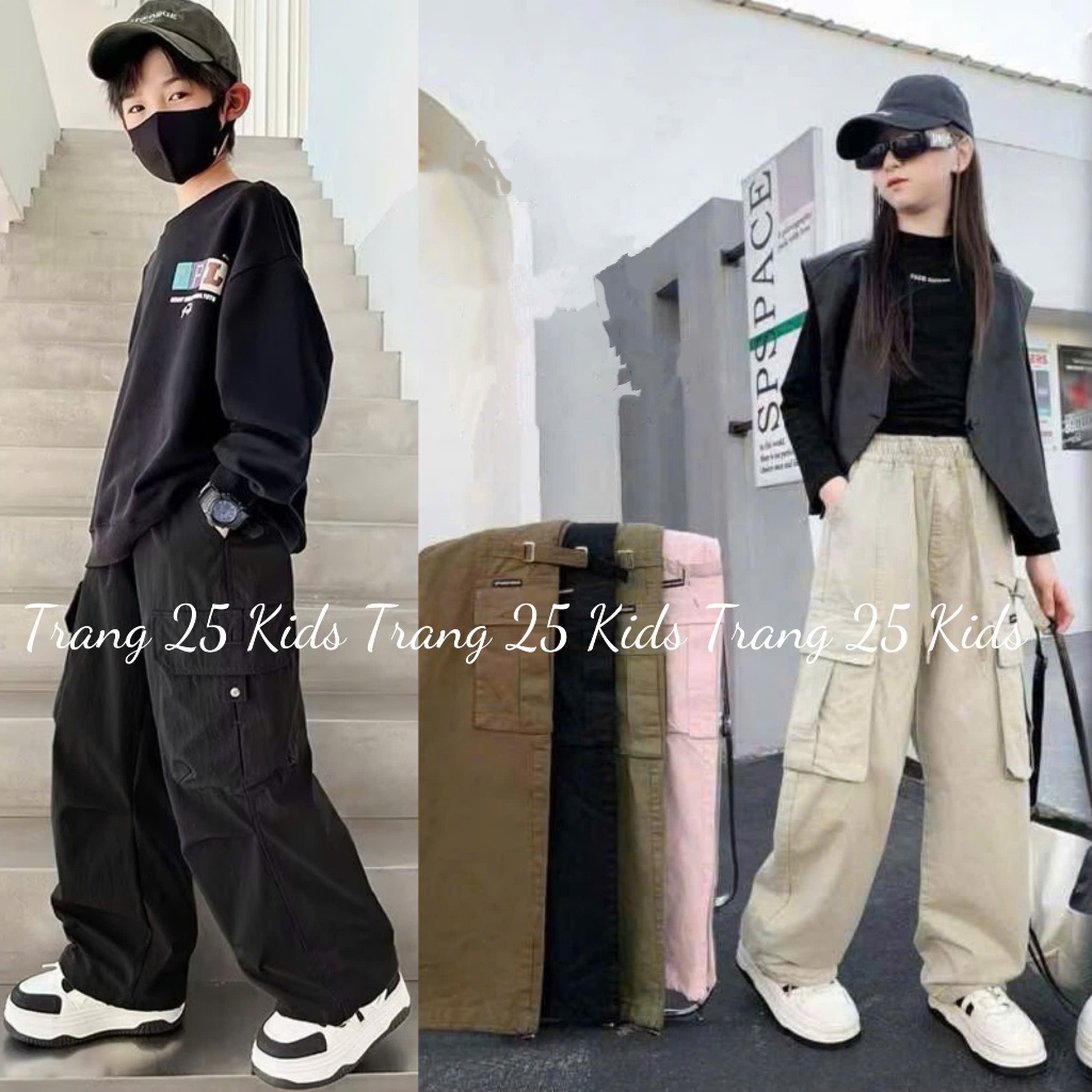 [tặng 1 khăn hiphop] Quần Hiphop Bé Gái/bé trai Màu Trắng Đen Hồng, Quần Dài ống rộng, kaki cao cấp-