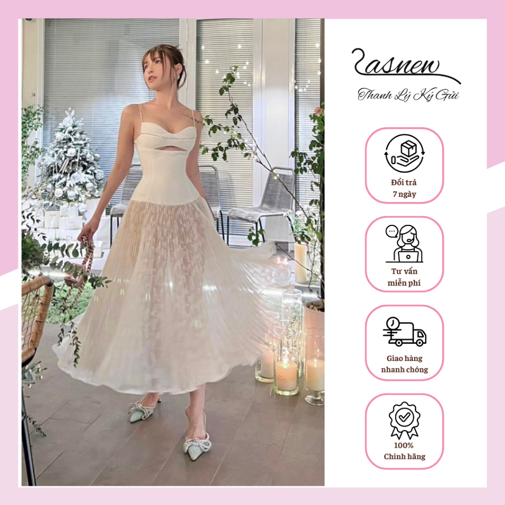 [THANH LÝ] Đầm midi hai dây cúp ngực dáng xòe xếp ly màu kem ELPIS CLOTHING phù hợp đi tiệc, sự kiện